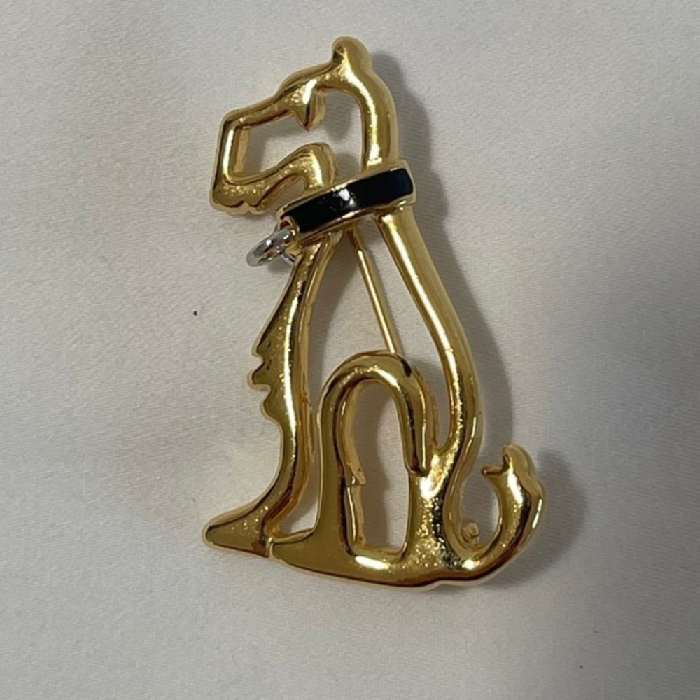 Vintage Gold Tone Terrier Dog Brooch Black Collar Charm Pin Stylized Schnauzer